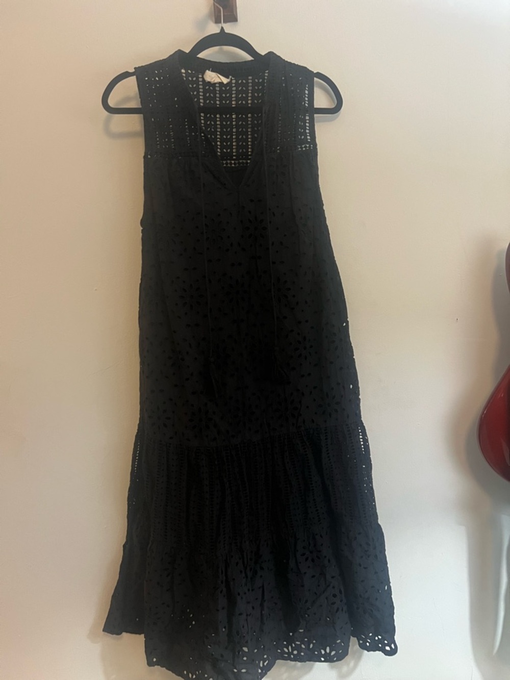 Drop Waist Black Eyelet Tiered Sleeveless Midi Dress